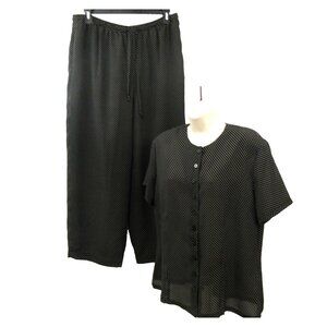Chaus 2-Piece Pantsuit 14 Black Polka Dot Button Front Short Sleeve Top Pockets